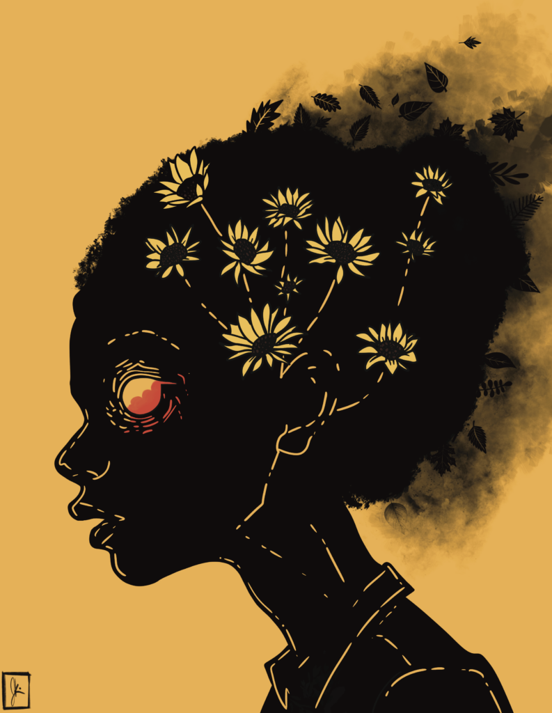 A stylized silhouette of a Black figure with glowing orange-red eyes and golden flowers blooming from their head. Their afro dissolves into drifting leaves and smoky textures against a warm mustard-yellow background. The piece evokes imagination, growth, and inner fire.