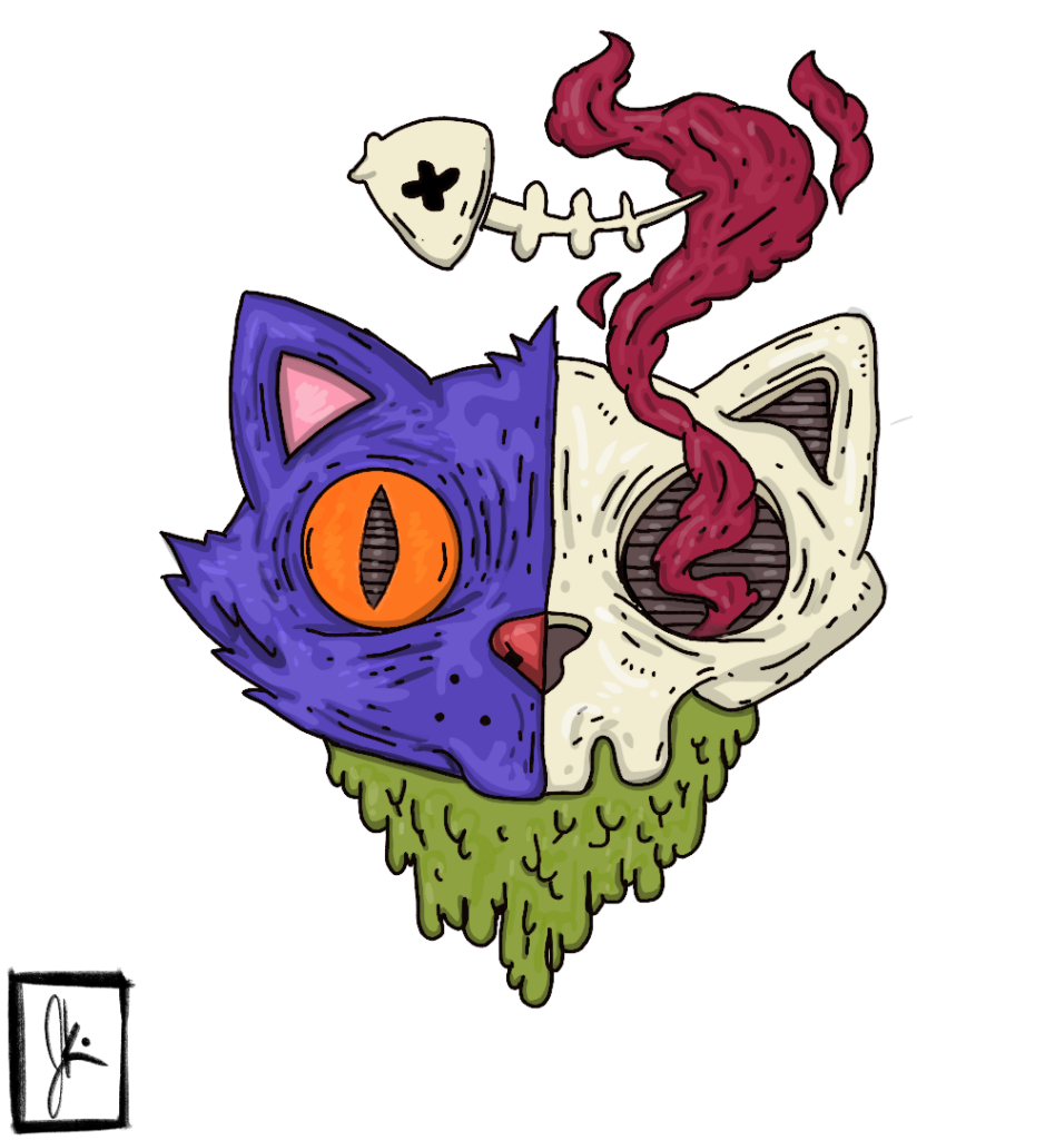 Illustration of a cat face split vertically. The left half is a purple living cat with an orange eye. The right half is a white cat skull with blood flowing from the eye socket. Green slime drips from the bottom, and a fishbone with a heart-shaped eye floats above the head. The style is cartoonish and surreal.