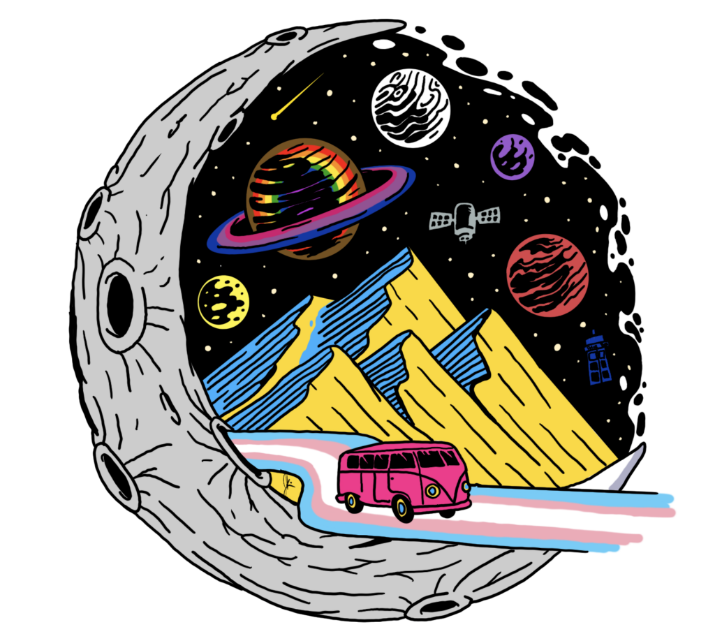 Colorful illustration of a surreal space scene framed by the surface of a gray cratered moon. Inside the frame are yellow and blue mountains, vibrant planets, a rainbow-ringed Saturn-like planet, a satellite, and distant stars. A bright pink van drives on a winding road made of the transgender pride flag colors, trailing a pastel path through the cosmic landscape. The artwork combines themes of pride, adventure, and cosmic wonder.