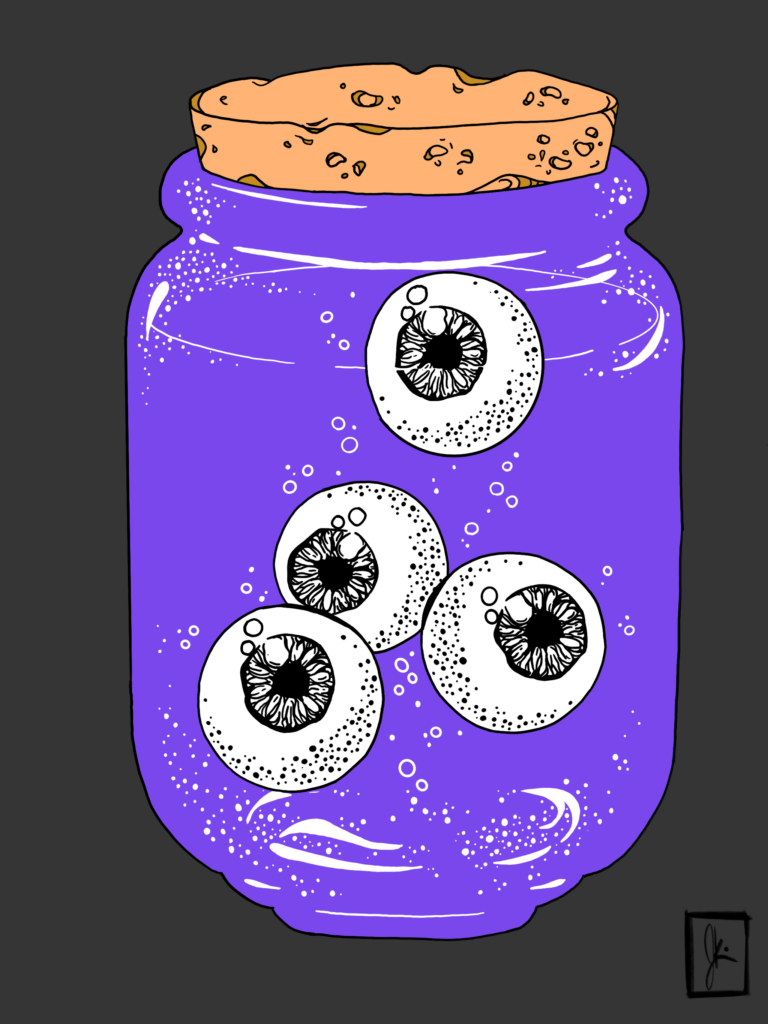 Cartoon illustration of a bright purple jar sealed with a cork lid, containing four floating eyeballs. The eyeballs are black and white with detailed irises and pupils, surrounded by small bubbles, giving the appearance of being preserved in liquid. The design is eerie but playful, blending creepy and whimsical aesthetics.