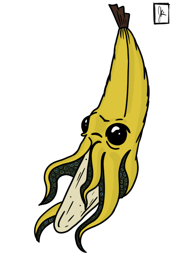 Whimsical cartoon illustration of a creature that is half banana, half squid. The top resembles a peeled banana with bright yellow skin, while the bottom features squid-like tentacles with suction cups. The character has large, expressive eyes and a mischievous expression, blending fruit and sea creature in a surreal, humorous design.
