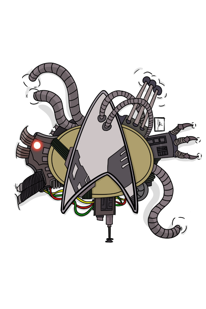 Illustration of a futuristic sci-fi emblem combining the classic Starfleet insignia from Star Trek with Borg-like cybernetic enhancements. The badge is surrounded by mechanical arms, tubes, gears, and wiring, with a glowing red light on one side and robotic claws on the other. The design merges sleek federation aesthetics with gritty cybernetic horror.