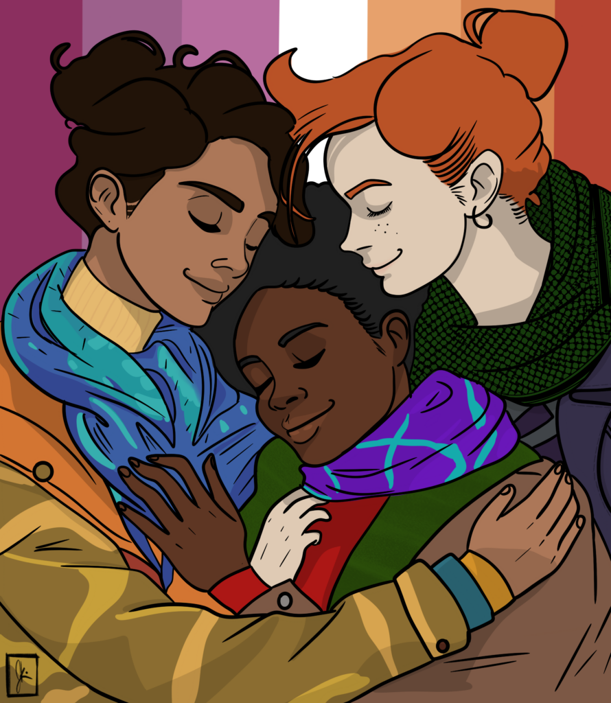 Three women of diverse backgrounds are shown embracing tenderly with their eyes closed, conveying warmth and solidarity. Each is bundled in colorful winter scarves and jackets. Behind them is the lesbian pride flag with horizontal stripes in red, orange, white, pink, and purple, symbol