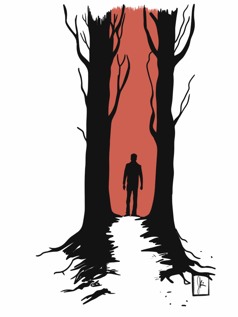 A silhouetted figure stands between two towering, leafless black trees, framed by a glowing red-orange void resembling a doorway. The roots and branches stretch ominously into the dark foreground, evoking mystery and quiet tension in a surreal forest scene.