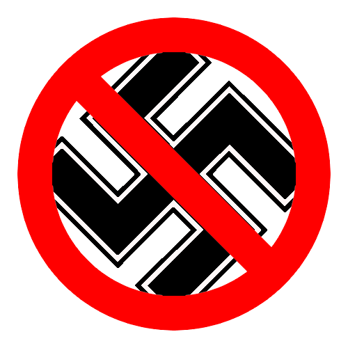 A bold black swastika symbol crossed out by a red prohibition circle and slash, set against an olive green background. The image is a clear anti-Nazi symbol representing opposition to fascism and hate.