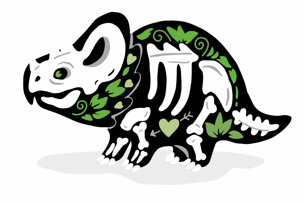 A cute skeletal triceratops-style dinosaur decorated with green leaves and hearts, referencing the aromantic pride flag. The bones are stylized in white, with the aromantic green shades forming vines and heart shapes along its body, all set against a black background.