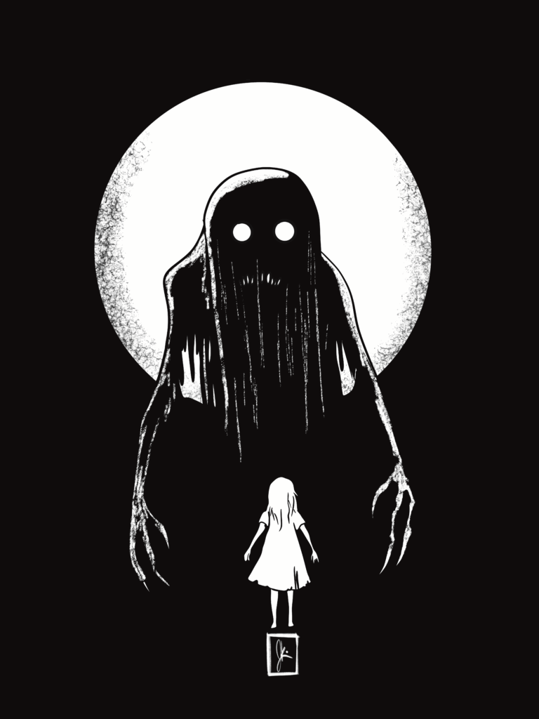 A haunting black-and-white illustration of a small girl standing in front of a towering shadowy creature with glowing eyes and clawed hands. Behind them looms a large full moon, creating a stark contrast between the figures and the background. The image evokes a surreal and eerie atmosphere.