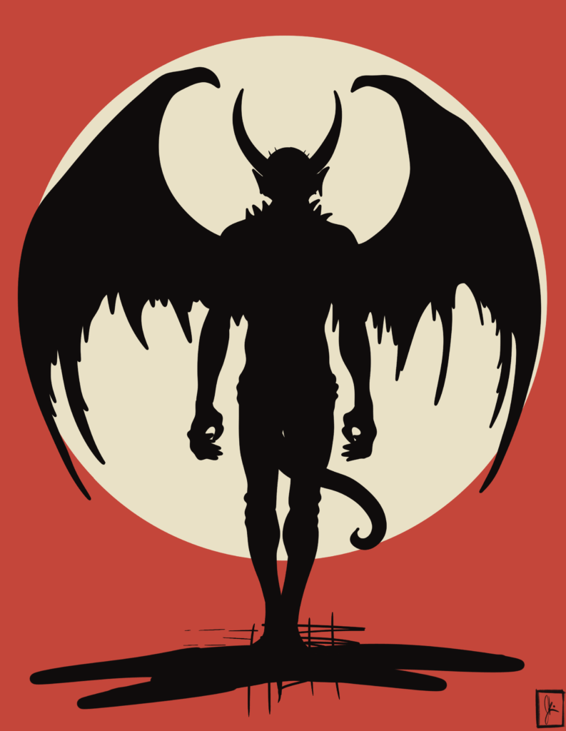 A powerful silhouette of a horned, winged humanoid demon stands tall against a pale full moon, framed by a bold red background. The creature casts a long, jagged shadow, with curled tail and clawed hands adding to its menacing presence. The graphic style evokes vintage horror and eldritch themes.