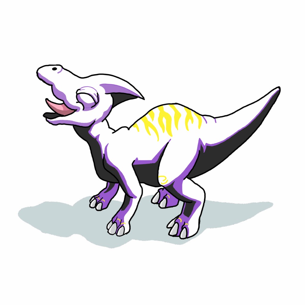 A joyful, cartoon-style dinosaur stands on a patch of gray ground, eyes closed and mouth open in a wide smile. The dinosaur is primarily white with black underbelly shading, purple accents on its limbs, and vibrant yellow markings along its back and leg, evoking nonbinary pride colors.