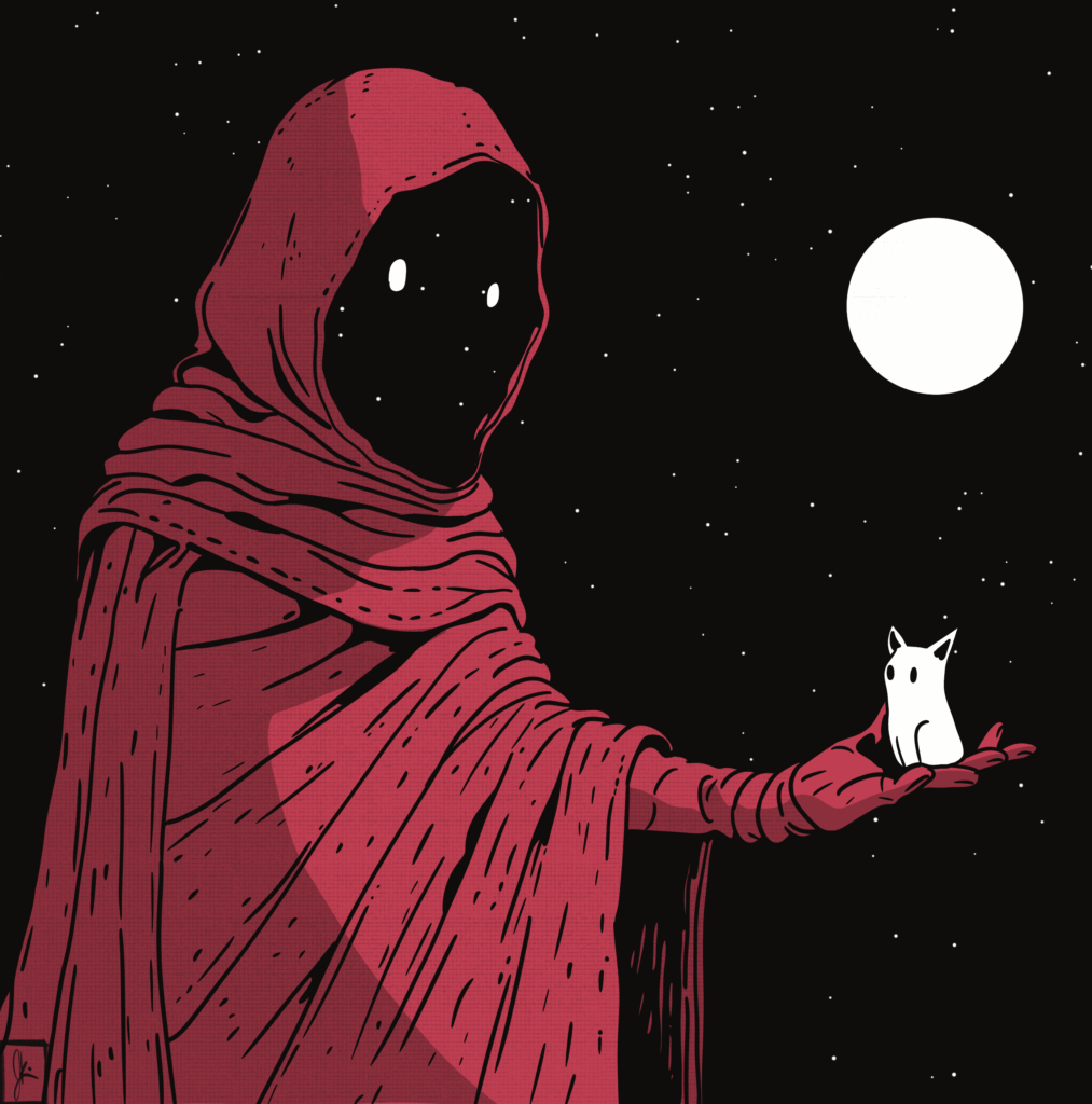 A mysterious, cosmic figure cloaked in deep red robes stands against a star-speckled night sky. Their face is a void filled with stars and two glowing white eyes. One outstretched hand gently holds a small, white ghost-like cat with pointed ears. A full moon glows in the distance, illuminating the surreal, serene scene.