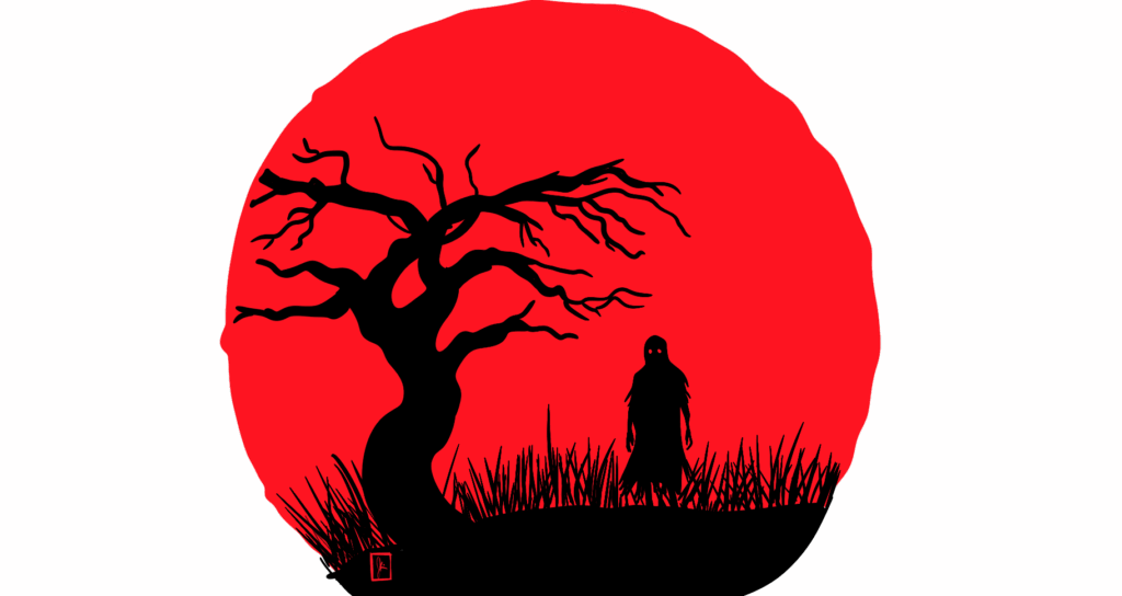 A haunting black silhouette of a ghostly figure with glowing eyes stands among tall grass beneath a gnarled, leafless tree. Both are framed by a massive blood-red moon, creating a chilling, minimalist horror scene against a black background.