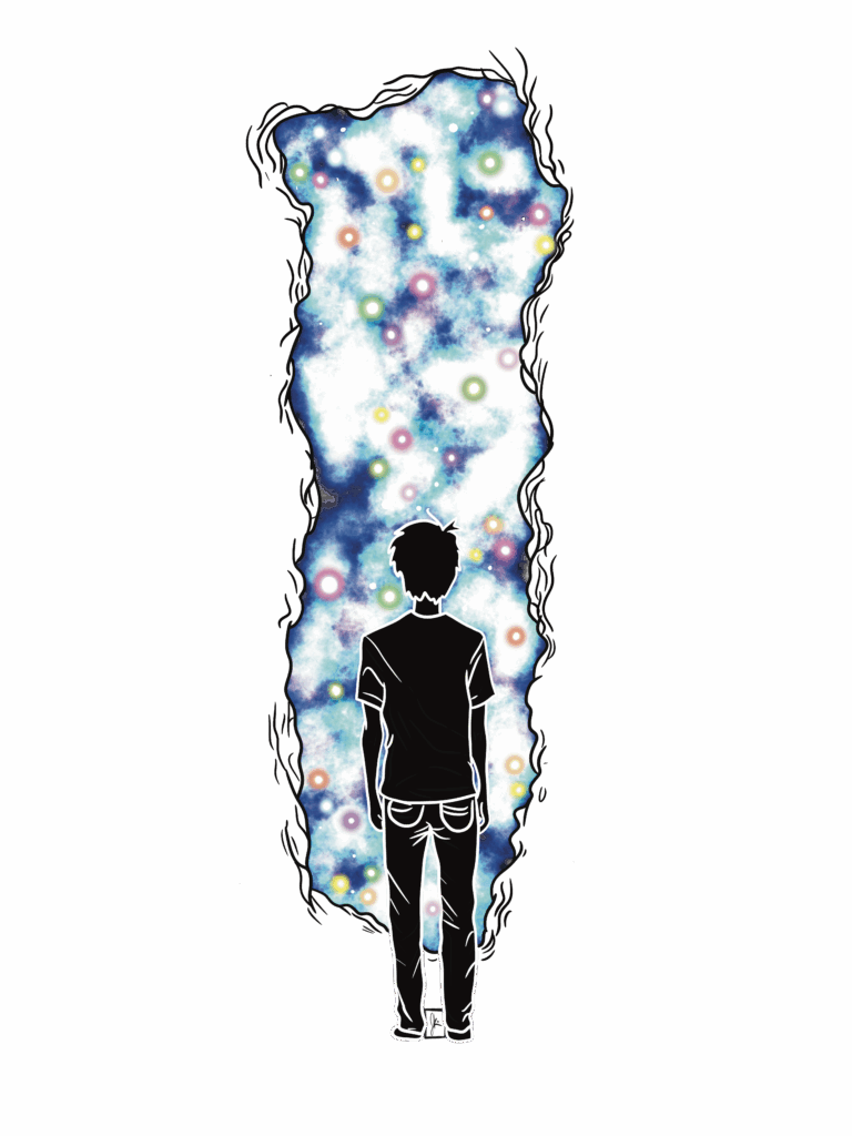  A silhouette of a person in a black t-shirt and jeans stands in front of a glowing portal filled with swirling blue clouds and colorful orbs, as if gazing into a vibrant cosmic dimension.