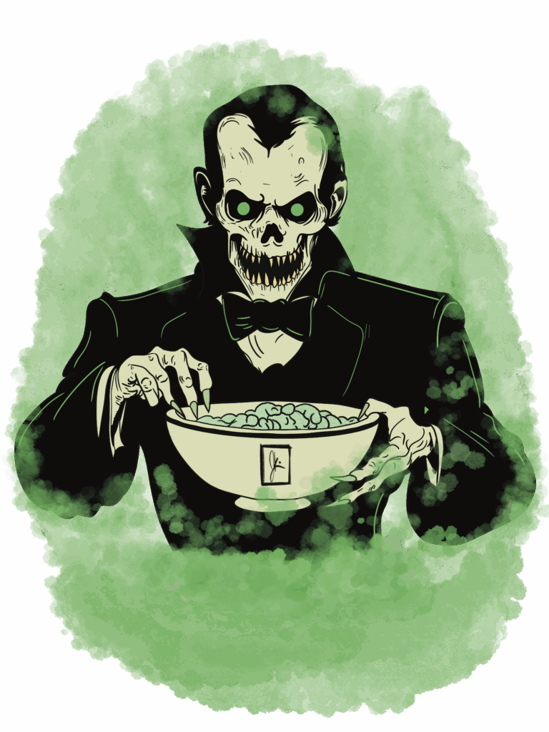 A sinister skeleton vampire in a tuxedo grins menacingly while holding a bowl of green cereal, surrounded by a thick, eerie green fog.