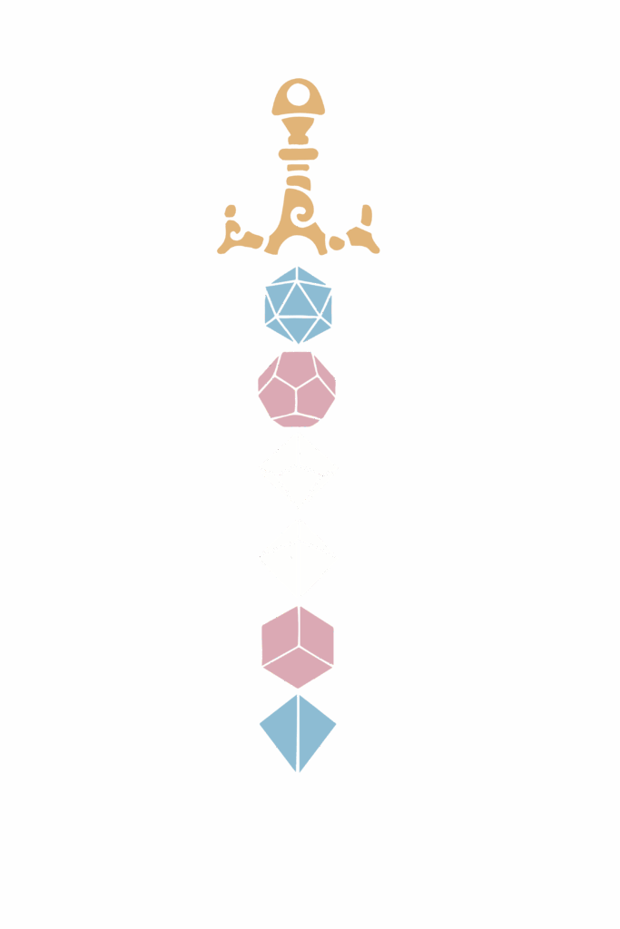 Illustration of a stylized golden sword with a blade formed by vertically stacked tabletop dice. The dice are colored in the transgender pride flag pattern: blue, pink, and white. From top to bottom, the stack includes a d20, d12, two d10s, a d8, a d6, and a d4. The design merges tabletop gaming imagery with trans pride symbolism.