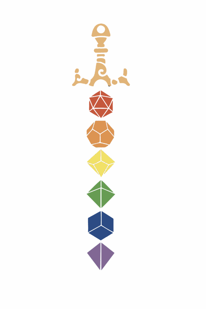Illustration of a stylized golden sword with a vertical stack of rainbow-colored polyhedral dice forming the blade. The dice represent classic tabletop gaming shapes: d20, d12, d10, d8, d6, and d4, arranged in red, orange, yellow, green, blue, and purple. The design combines fantasy adventure themes with LGBTQ+ pride symbolism.