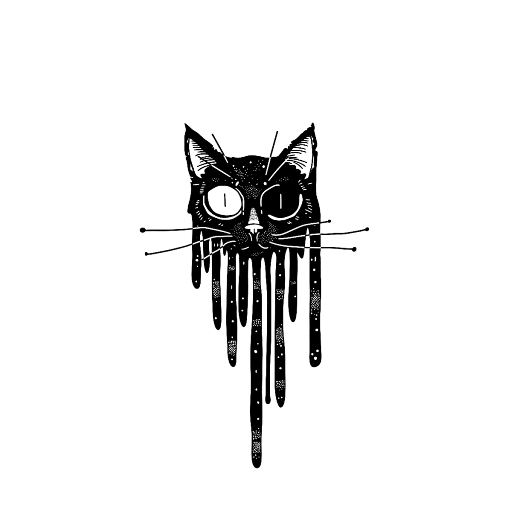 Black and white illustration of a cat's head with mismatched eyes and an intense stare. The lower half of the face appears to melt or drip downward in long, liquid-like trails. The design has a bold, surreal, and slightly eerie aesthetic with high-contrast inkwork.