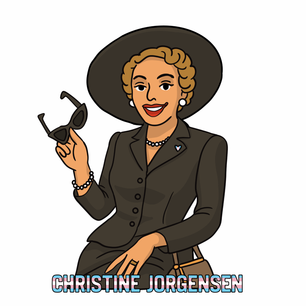 Cartoon-style portrait of Christine Jorgensen dressed in elegant vintage fashion, wearing a black suit, pearl jewelry, and a wide-brimmed hat while holding a pair of cat-eye sunglasses. A small pin with the transgender pride colors is on her lapel, and her name appears below in block letters filled with the trans flag pattern.
