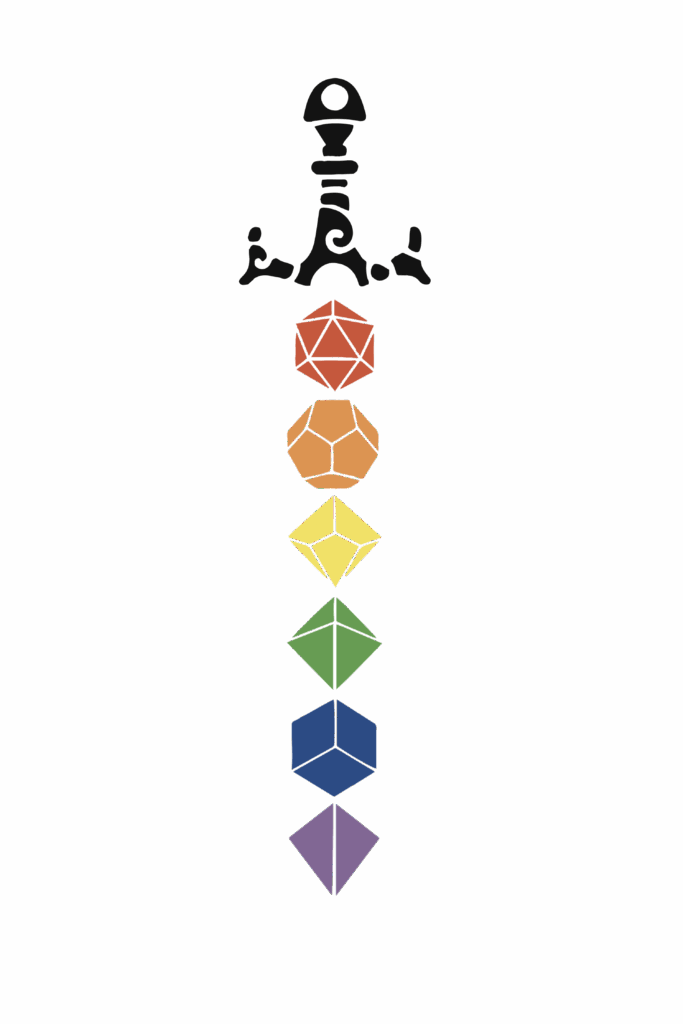 Illustration of a black sword with a vertical stack of Dungeons & Dragons dice forming the blade. Each die is colored to match the rainbow pride flag: red, orange, yellow, green, blue, and purple. From top to bottom, the blade includes a d20, d12, d10, d8, d6, and d4. The design symbolizes LGBTQ+ pride through tabletop gaming imagery.