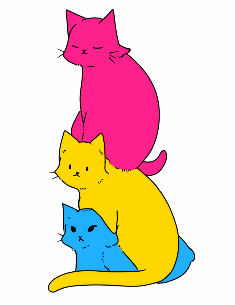 Cartoon illustration of three stacked cats in the colors of the pansexual pride flag. The top cat is pink, the middle cat is yellow, and the bottom cat is blue. Each cat has a simple, cute expression, and the overall design is playful and vibrant.