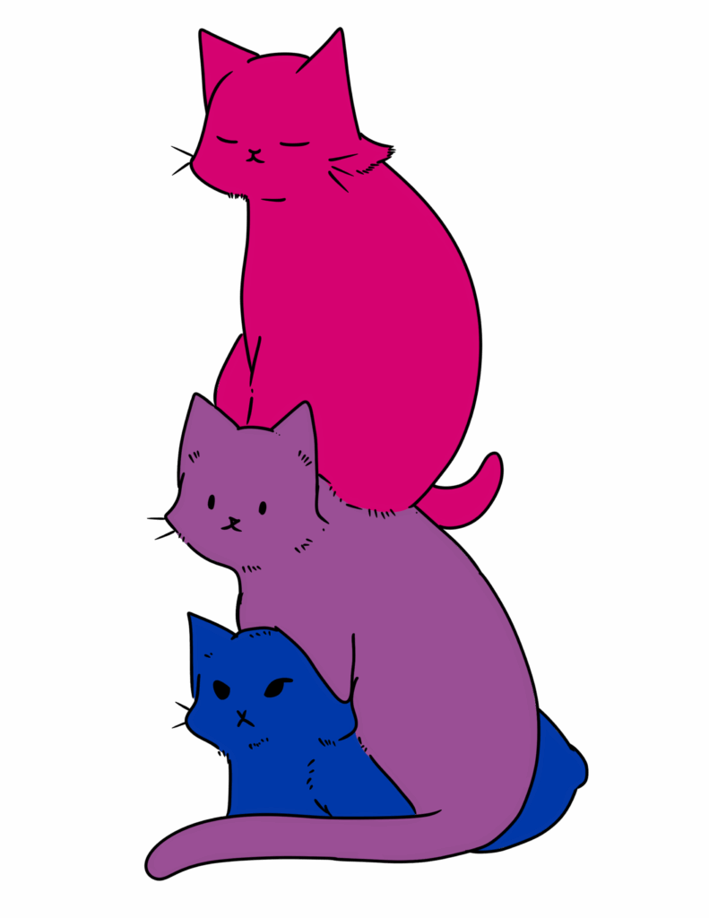 Cartoon illustration of three stacked cats representing the bisexual pride flag. The top cat is magenta, the middle cat is lavender-purple, and the bottom cat is royal blue. The cats have simple, expressive faces, and their arrangement and colors form a vertical flag stack.