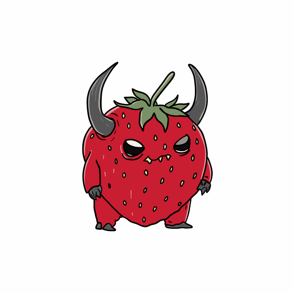 A chibi-style cartoon creature with the body of a strawberry, complete with seeds and leafy top. It has small horns, sharp little fangs, black claws, and an angry expression, giving it a devilish but cute appearance.