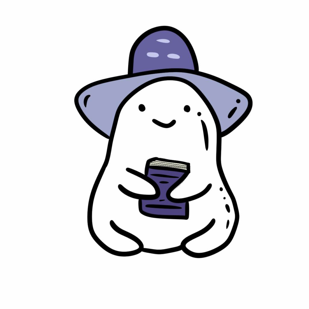 A cute ghost-like cartoon character wearing a wide purple wizard hat with light spots. It is smiling and holding a small purple book, giving off a friendly, magical vibe.