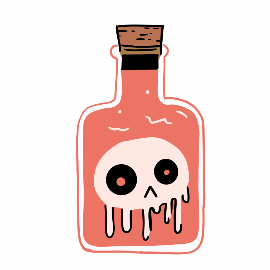 A cartoon-style glass bottle filled with a red liquid, sealed with a cork. Inside the liquid is a floating, melting skull with large round eyes and drooping features, giving the appearance of a spooky or cursed potion.