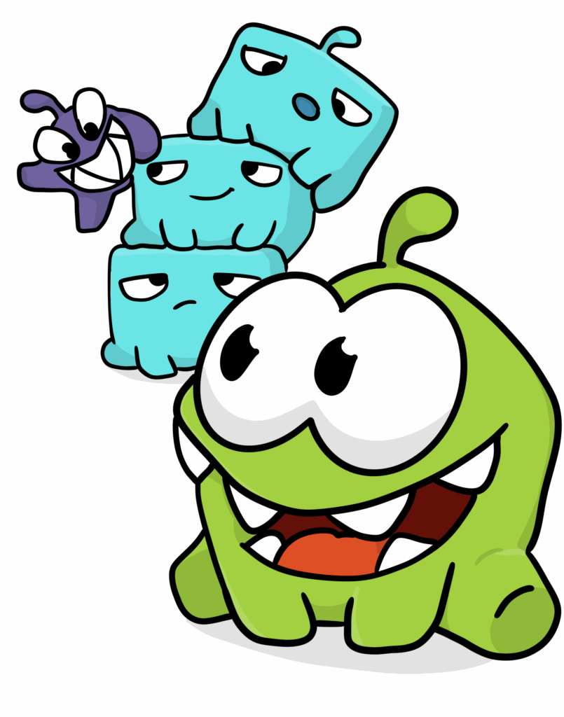 A cheerful green cartoon character with large white eyes, tiny limbs, and a wide open mouth full of teeth looks up excitedly. Above its head, a stack of three square-shaped blue creatures with various unimpressed expressions balances precariously, topped by a mischievous purple character grinning wildly. The playful and colorful scene suggests animated fun and character interactions.