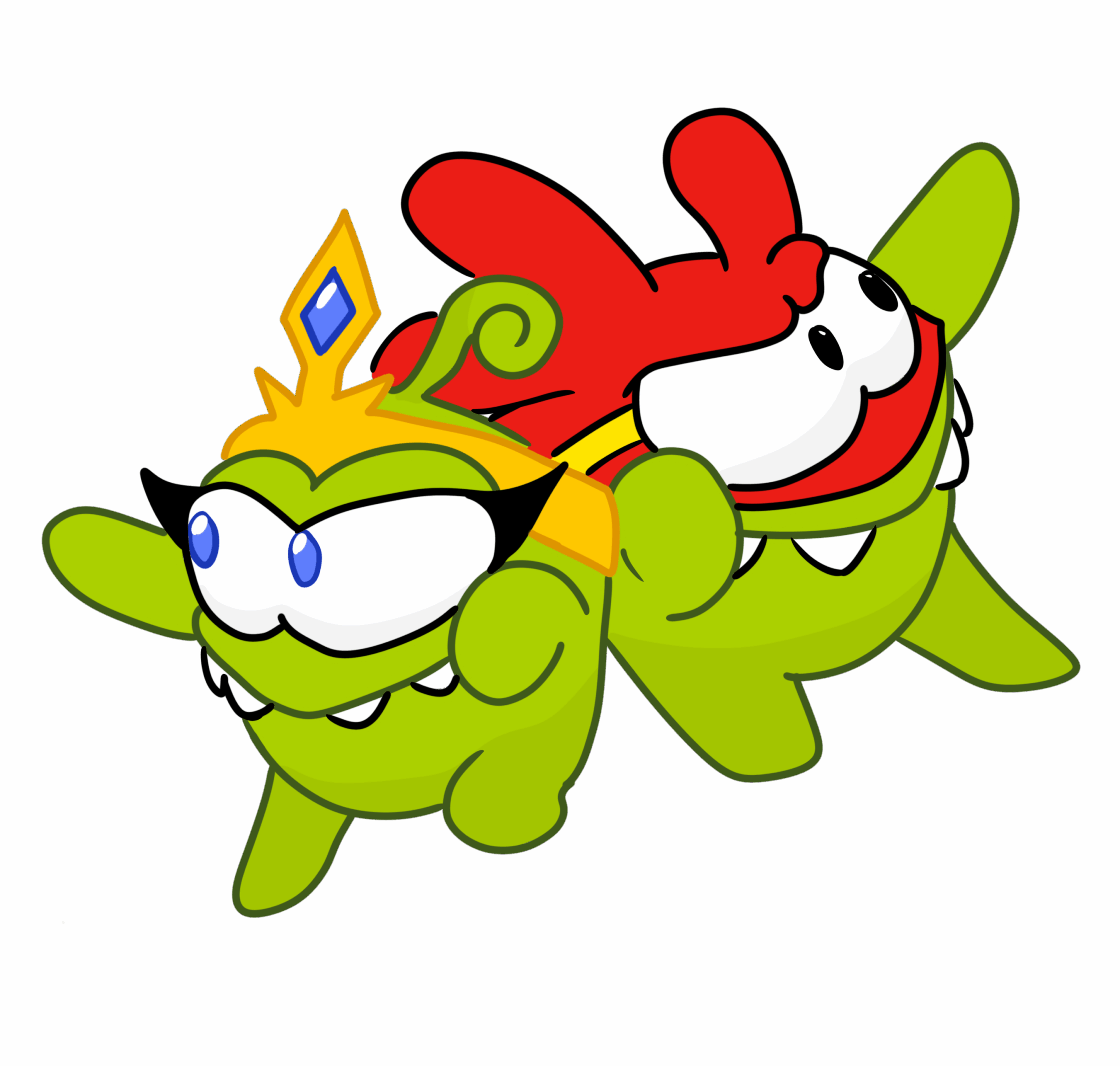 Two green cartoon characters resembling the style of Cut the Rope characters, joined together in a two-headed costume. One head wears a golden crown with a blue jewel and dramatic black eyeliner, while the other has a red headpiece resembling a superhero mask with a wide smile. Both have large expressive eyes and white teeth, and their shared body appears to be in a flying pose. The art is playful, colorful, and energetic, with a bold cartoon style.