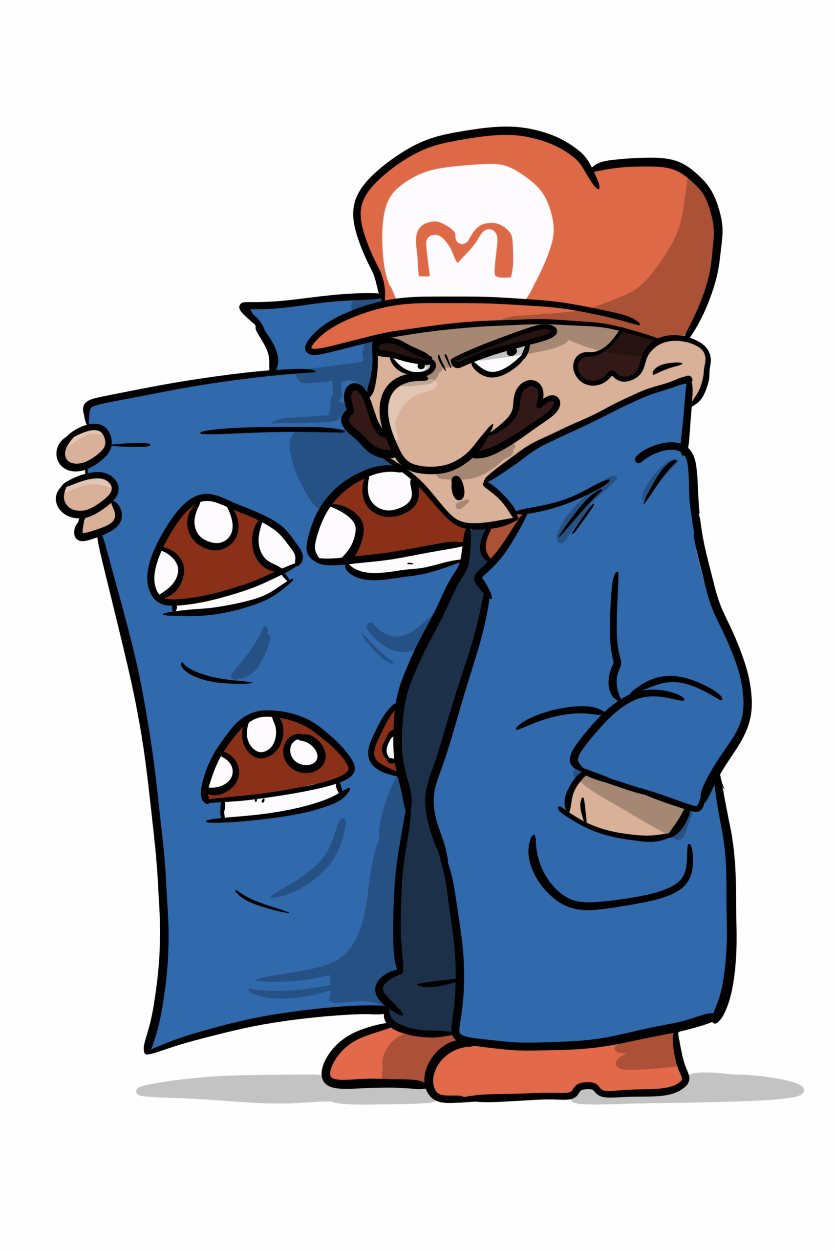 Cartoon parody of Mario from the Super Mario franchise, depicted with a mischievous expression and a long mustache. He wears a red cap with a white "M", a blue trench coat, and red shoes. He’s holding one side of his coat open to reveal a stash of red-and-white spotted power-up mushrooms inside, mimicking a stereotypical street dealer pose. The illustration is humorous and satirical, blending iconic gaming imagery with a playful edge.