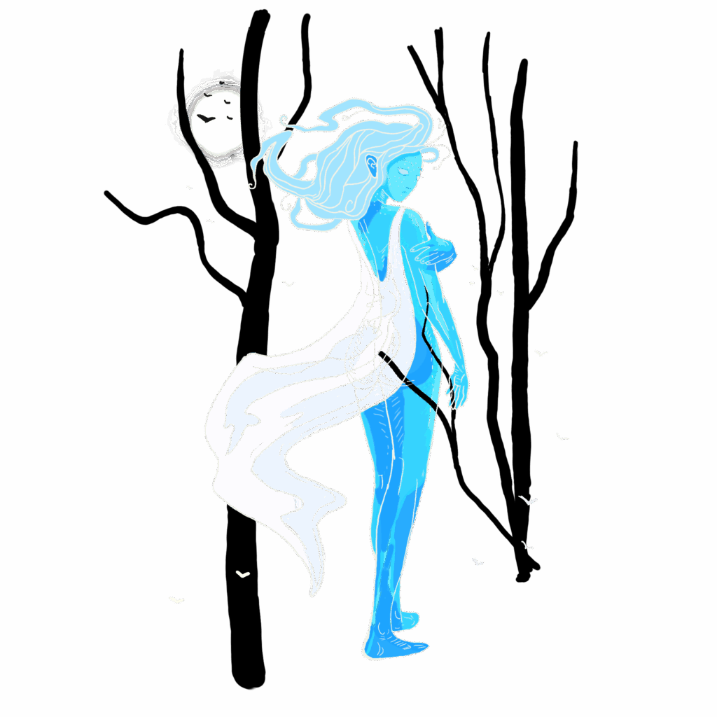 Stylized illustration of a glowing blue ghostly woman with long, flowing hair and a translucent white dress. She is pierced by a dark blade through her torso. The background is minimal with only a full moon, bats, and a few tree trunks visible. Small white birds surround the figure, enhancing the eerie, ethereal mood of the scene.