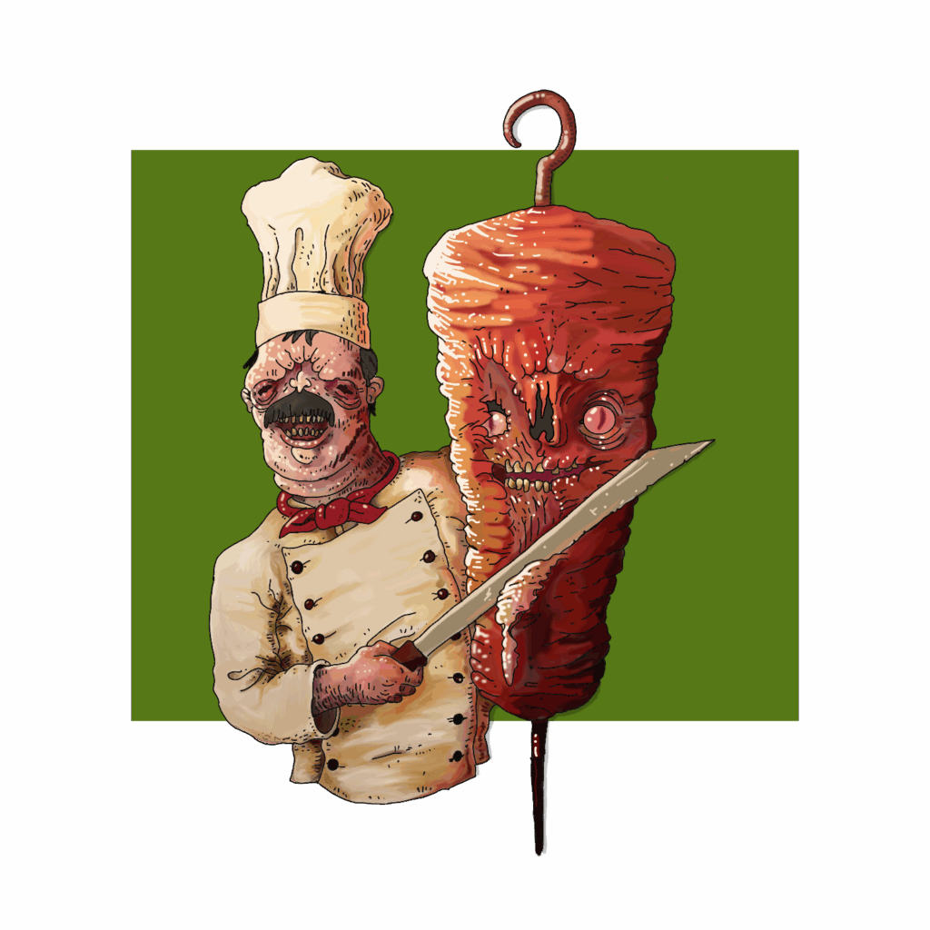 A grotesque cartoon chef with a distorted face, bulging eyes, and tattered uniform stands beside a monstrous vertical meat spit with a demonic face and sharp teeth. The chef is holding a long knife, poised to carve the twisted, horrifying meat. The background is a flat olive green square, emphasizing the unsettling and surreal horror-comedy vibe of the illustration.