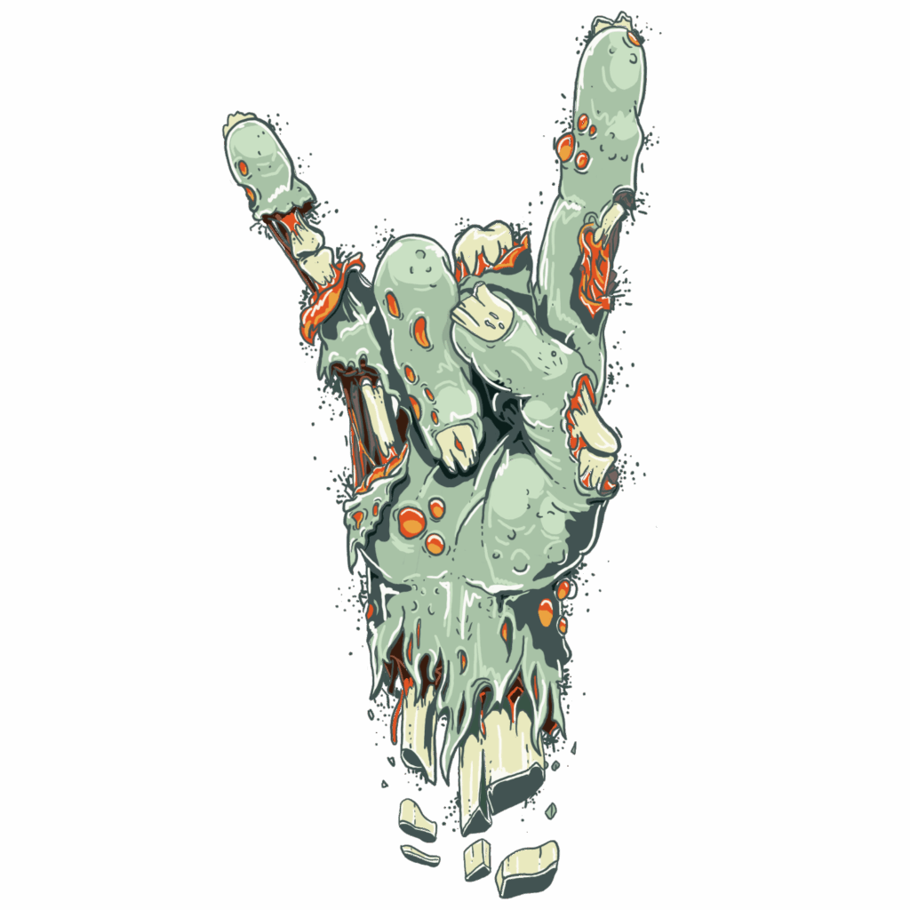 Cartoon-style illustration of a decaying zombie hand making the "rock on" gesture with the index and pinky fingers raised. The greenish skin is torn and rotting, exposing bones, muscle, and orange sores. Jagged bone fragments and bits of flesh dangle from the wrist, adding a gruesome yet energetic punk horror vibe.