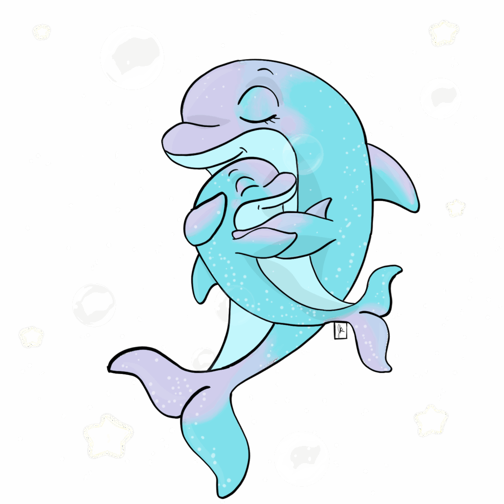 A pastel blue and purple dolphin cuddles a smaller baby dolphin against a starry black background filled with glowing white dots, soft yellow stars, and white circles resembling moons or planets. Both dolphins have peaceful, content expressions with closed eyes, creating a dreamy, affectionate, cosmic vibe.