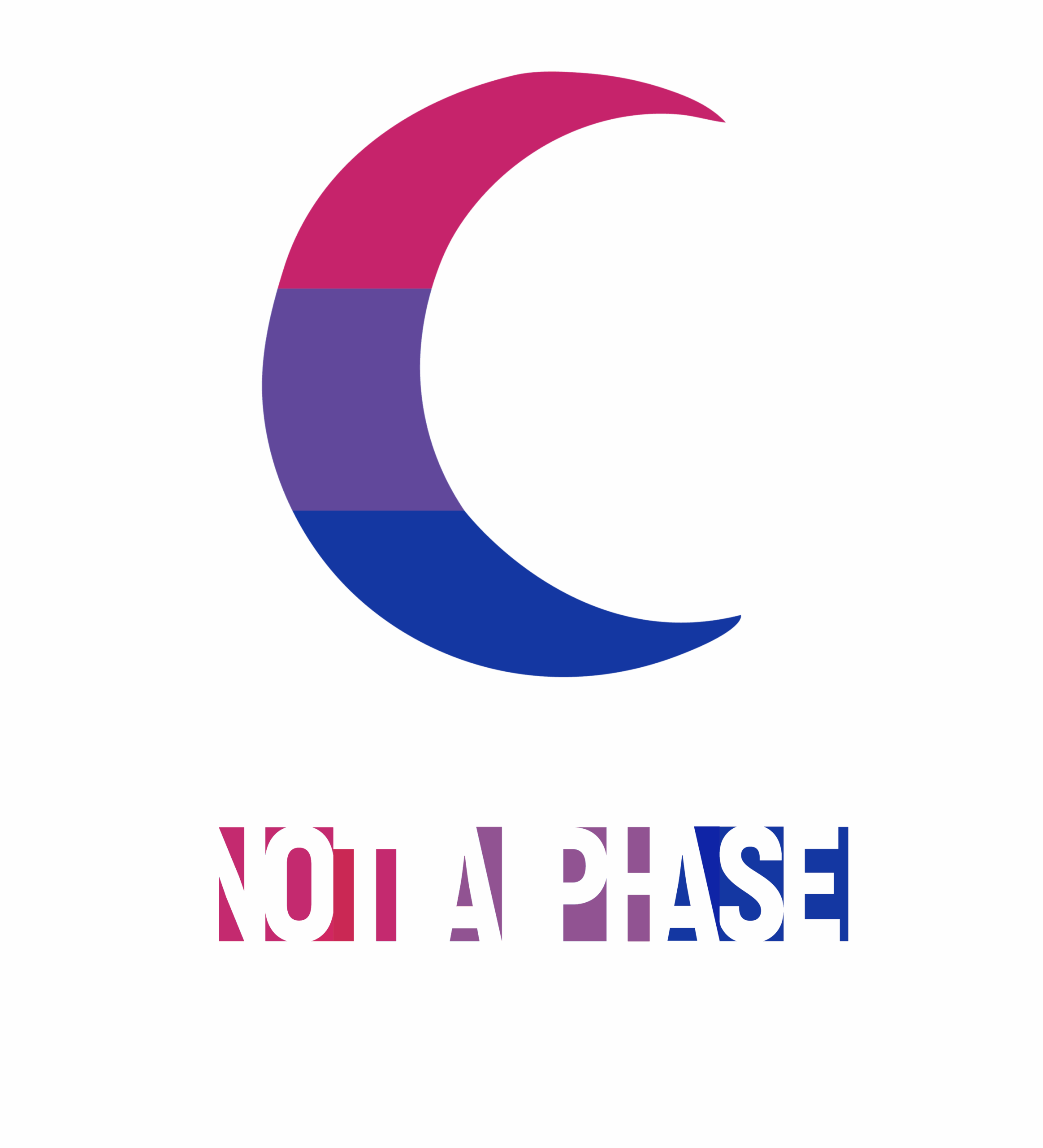A crescent moon filled with the colors of the bisexual pride flag: pink on top, purple in the middle, and blue on the bottom. Below the moon, the phrase “NOT A PHASE” is written in bold, all-caps text with a stencil cutout style, also filled with the bisexual flag colors. The design is set against a black background, creating a strong contrast that emphasizes bisexual pride and affirmation.