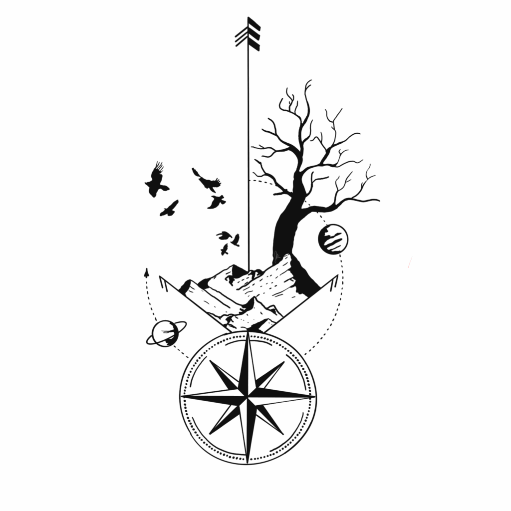 Black geometric design featuring a compass rose at the bottom, a mountain range in the center, and a tall vertical arrow running through the composition. A barren tree and ringed planet appear on the right, while birds fly on the left. The layout combines elements of nature, space, and direction in a surreal, symmetrical style.