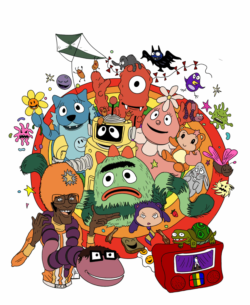 Colorful fan art featuring characters from the children’s television show Yo Gabba Gabba! in a psychedelic, rainbow-themed composition. Central characters include DJ Lance Rock in an orange fuzzy hat, Muno (red cyclops), Foofa (pink flower character), Brobee (green striped monster), Toodee (blue cat-dragon), Plex (yellow robot), and a variety of side characters including a turtle on a red boom box, a sock puppet with glasses, and other playful, surreal figures. The background is filled with stars, swirls, smiling flowers, cartoonish germs, and other whimsical elements radiating out in rainbow arcs.