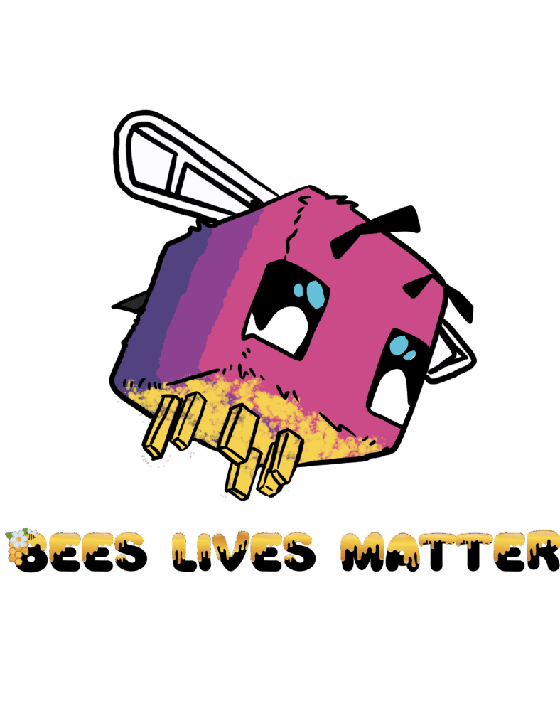A pixelated cartoon bee styled in the colors of the bisexual pride flag (pink, purple, and blue) flies with a worried expression and large teal eyes. Golden honey drips from its underside and legs. Below the bee, bold yellow text in a honey-drip font reads “BEES LIVES MATTER.” A small cluster of honeycomb and white flowers decorates the start of the phrase. The overall design blends LGBTQ+ pride with a playful environmental message.