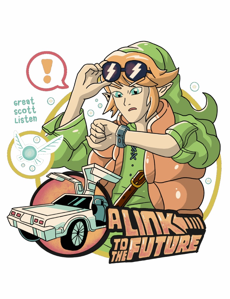 Mashup fan art combining The Legend of Zelda and Back to the Future. Link is depicted wearing Marty McFly’s orange vest and checking a futuristic watch while lifting goggles with lightning bolt symbols. His expression is surprised. Behind him is the DeLorean time machine with its gull-wing doors open. Navi the fairy floats nearby, saying “great scott listen,” referencing both franchises. The stylized title below reads “A Link to the Future” in retro, glowing lettering.