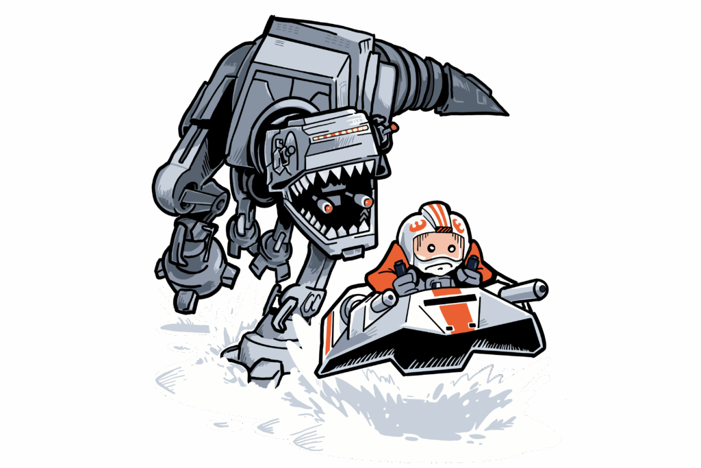 Cartoon-style mashup of Star Wars and Jurassic Park. A small X-Wing pilot in an orange and white flight suit rides a snow speeder across a splash of water with a panicked expression. Chasing closely behind is a menacing AT-AT walker reimagined as a dinosaur with sharp teeth, glowing red eyes, and a roaring mouth. The AT-AT's body is mechanical, but its posture and expression resemble a T-Rex. The image is playful and humorous, blending sci-fi and dinosaur themes in a whimsical style.