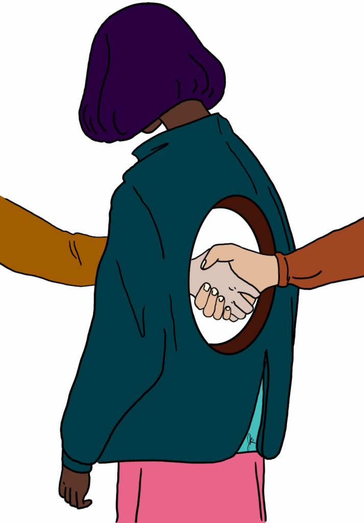 A person with a purple bob haircut and teal jacket stands with their back facing the viewer. Two hands reach through a circular hole in their back and clasp in a handshake, suggesting themes of hidden collaboration or betrayal. The background is black, emphasizing the surreal and introspective tone.