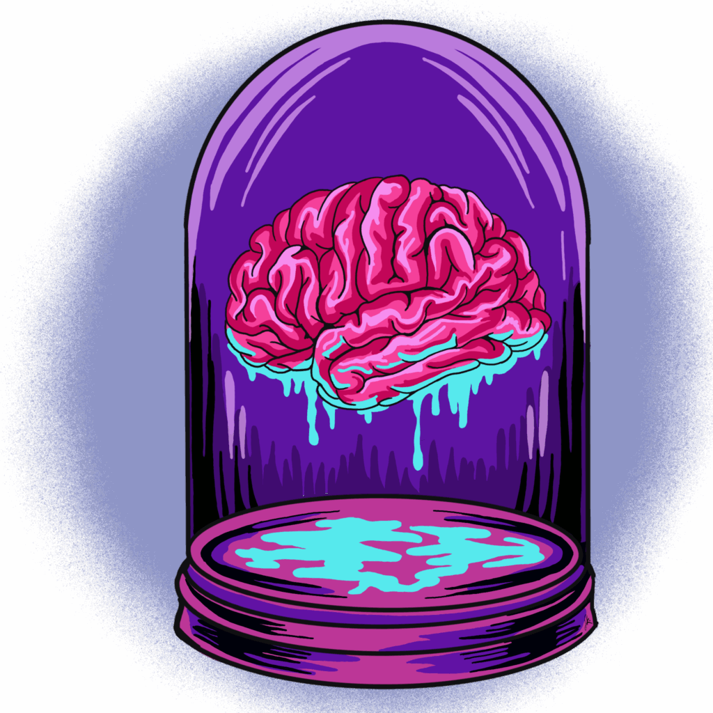 A vibrant pink brain suspended midair inside a purple glass dome, with teal liquid dripping from its underside onto a glowing pool at the base. The background fades into a rich indigo halo, giving the image a surreal, sci-fi atmosphere.