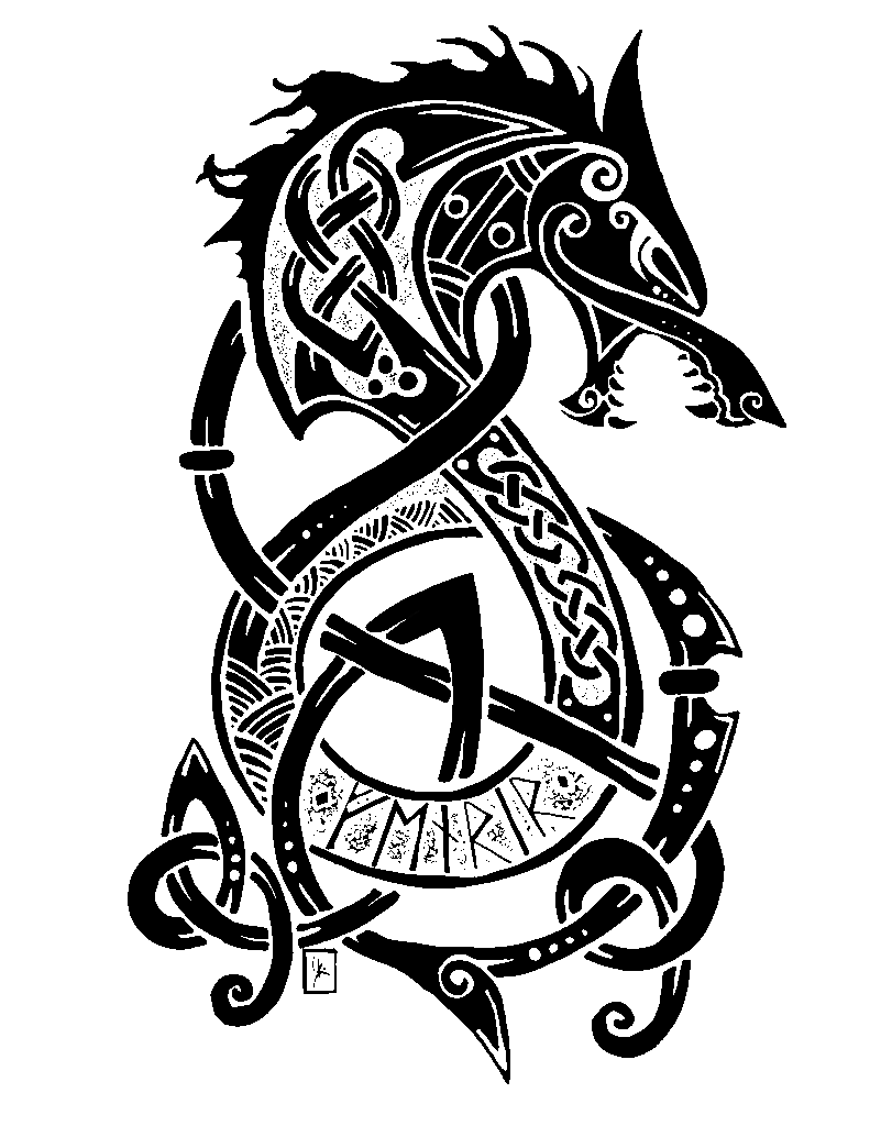 Black and white line art of Fenrir, the monstrous wolf from Norse mythology. The creature is depicted with a massive, snarling head, sharp teeth, and powerful limbs. Its form is dark and shadowy, with an imposing, chaotic presence that suggests mythic fury and destruction. The pose and style emphasize its wild, uncontrollable nature.