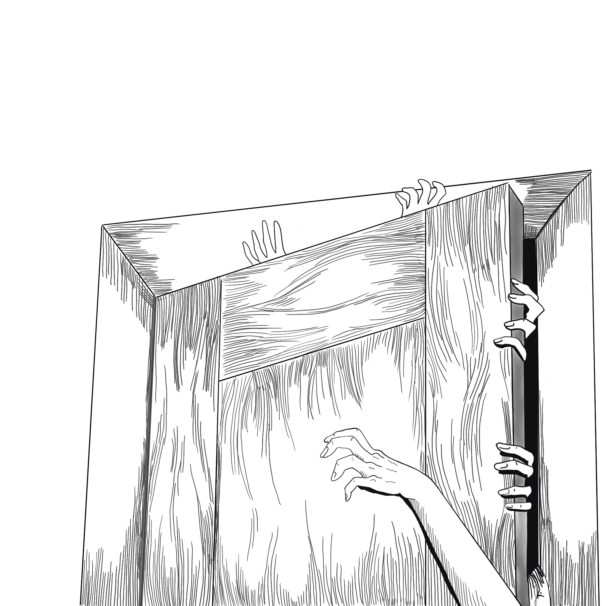 Dark, eerie illustration of a tall wooden structure resembling an overgrown, rotting fence or gate. Several long, black, clawed hands emerge from behind and around the slats of the wood, reaching out in various directions. The wood is illustrated with fine vertical linework, giving it a weathered and textured appearance. The overall composition evokes a horror or gothic atmosphere, with a sense of something sinister hidden just beyond the barrier.