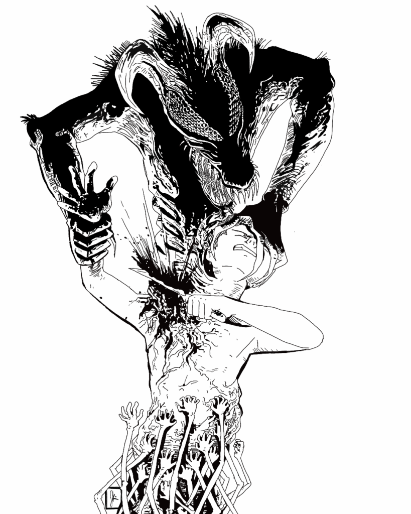 Dark, haunting illustration of a large, monstrous wolf-like creature looming over a human figure. The human is screaming in agony as the creature tears into their chest, with tendrils or roots growing from the lower body. The artwork is highly detailed with intense, emotional linework, creating a nightmarish and surreal horror scene.