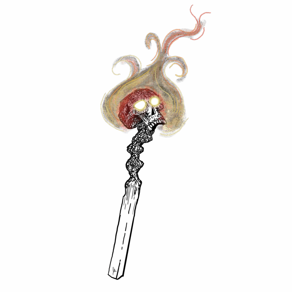 Illustration of a ghostly, flame-shaped creature with glowing yellow eyes and a dark, skeletal face. The figure appears to emerge from swirling, ember-colored wisps that curl like smoke. The overall appearance is eerie and supernatural, blending horror and surreal fantasy.
