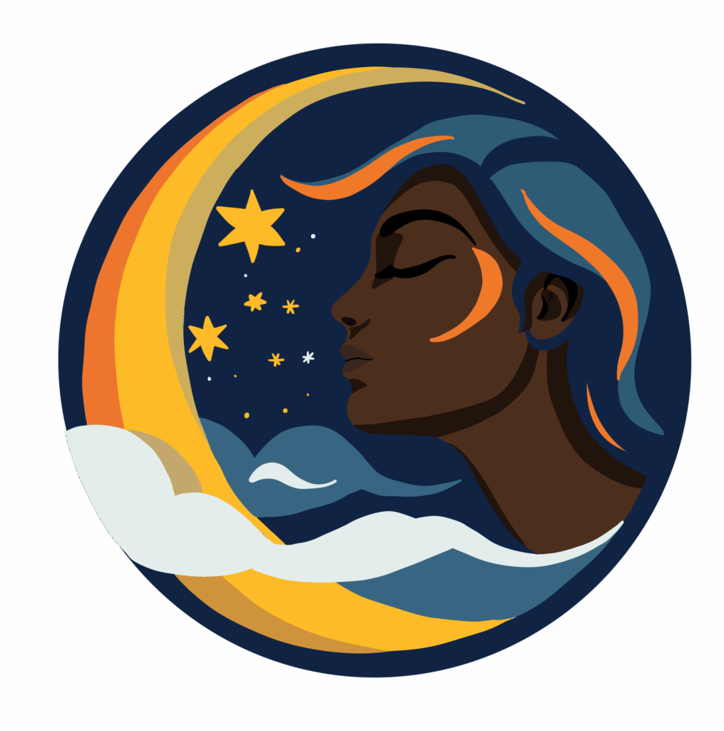 Stylized illustration of a serene dark-skinned woman with blue and orange hair, shown in profile with closed eyes. Her face is framed by a crescent moon, stars, and clouds within a circular night sky. The color palette includes deep blues, warm yellows, and soft oranges, creating a dreamy and celestial atmosphere.