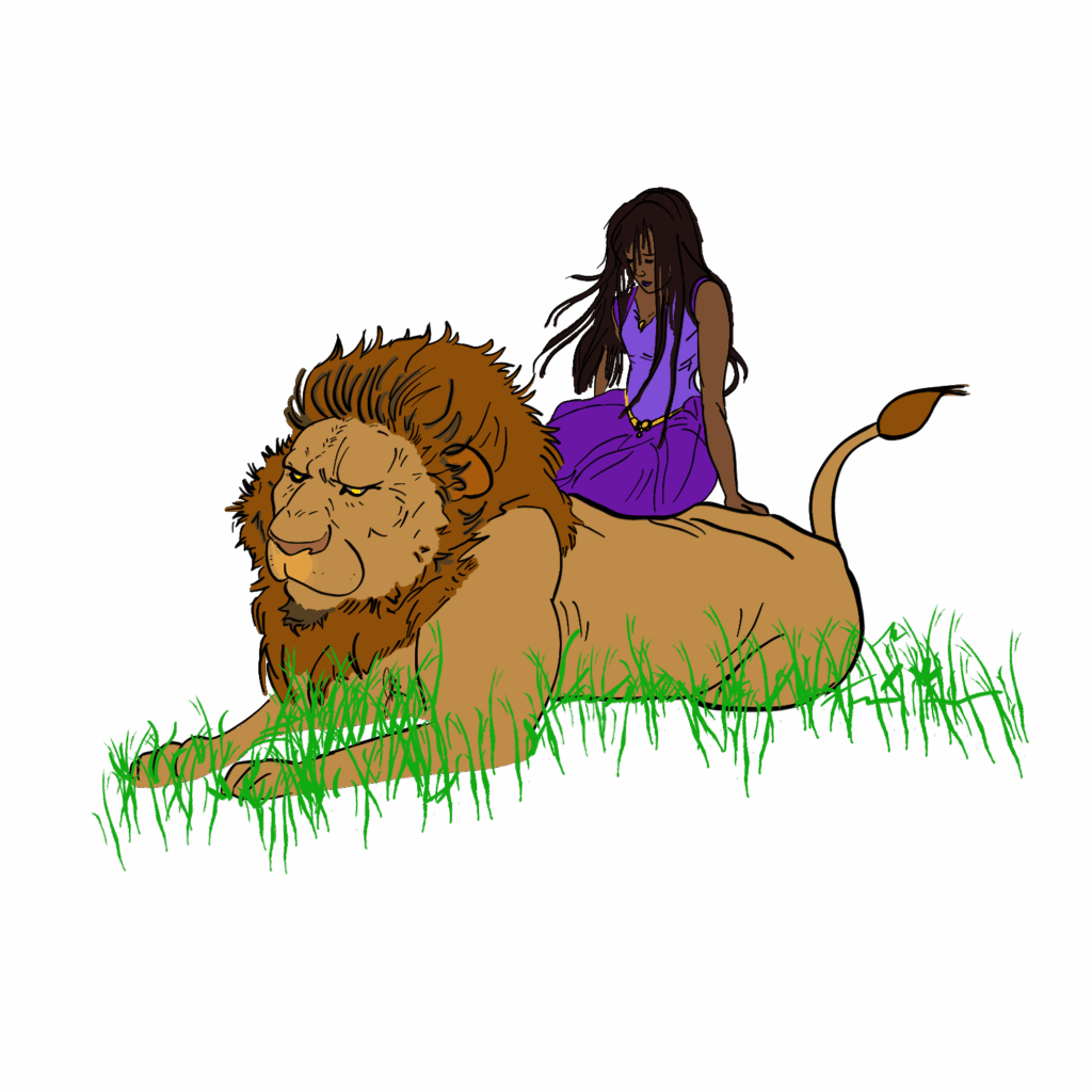 Illustration of a young woman with dark skin and long dark hair wearing a purple dress, sitting peacefully on the back of a large lion. The lion lies calmly in green grass with a slightly grumpy expression. The scene conveys a sense of quiet companionship and strength.