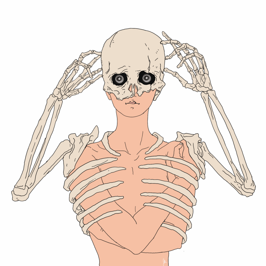 Surreal illustration of a person with bare skin being embraced by a skeletal figure. The skeleton's ribcage wraps tightly around the person's torso, and its long bony arms are placing a skull over the person's head like a mask. The skull has large, eerie black eyes, creating a haunting and unsettling atmosphere.