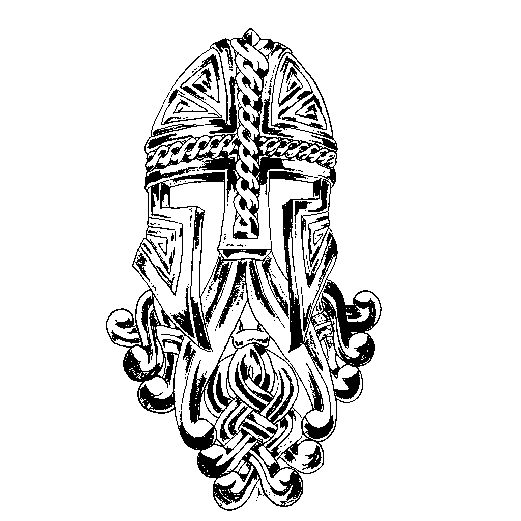 Black silhouette of a Norse-style helmeted head with a long, straight beard. The helmet has a rounded top and a nasal guard, matching historical Viking-era design. Only the head and beard are visible in the image.